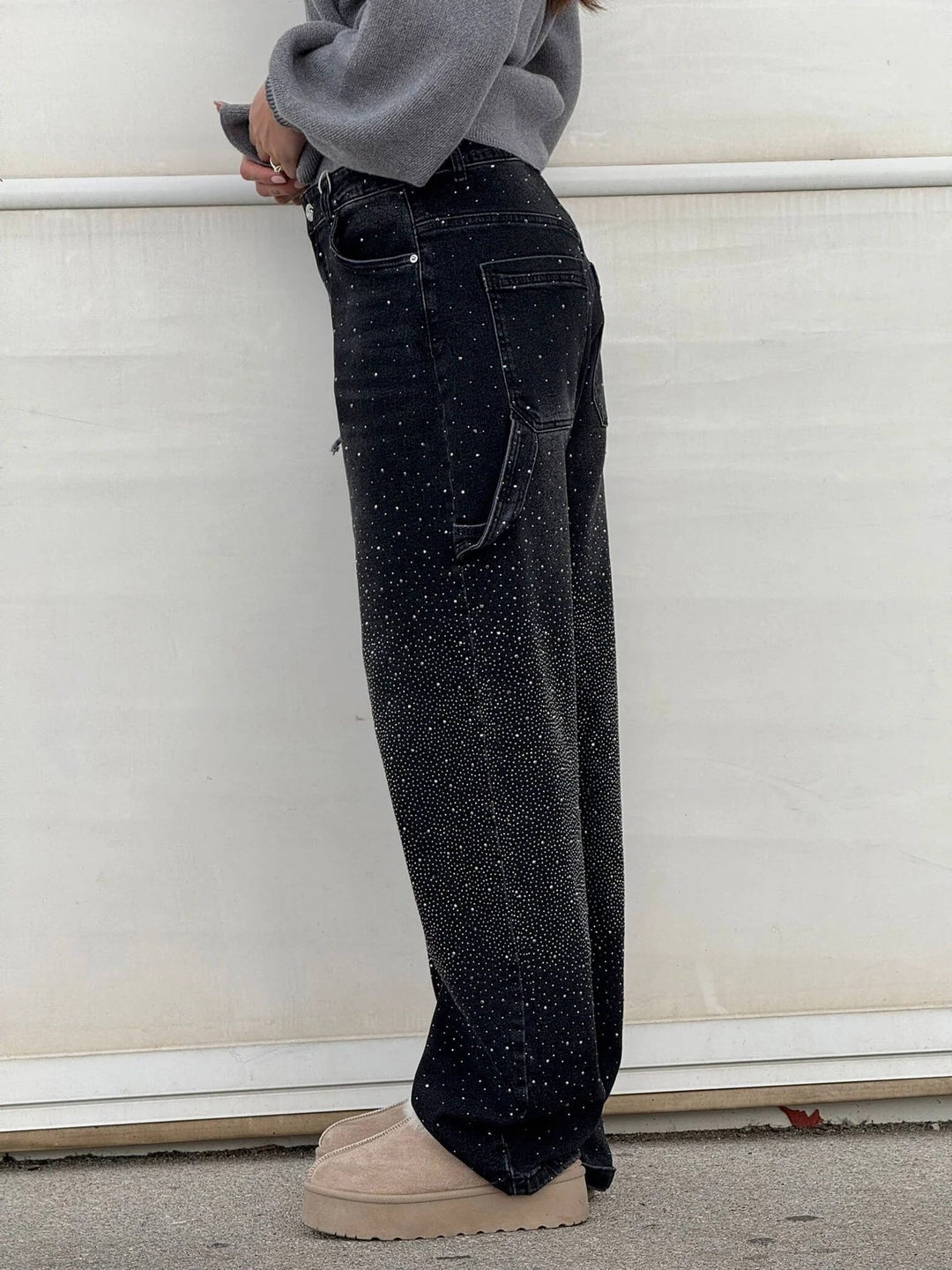 Jean denim évasé à strass