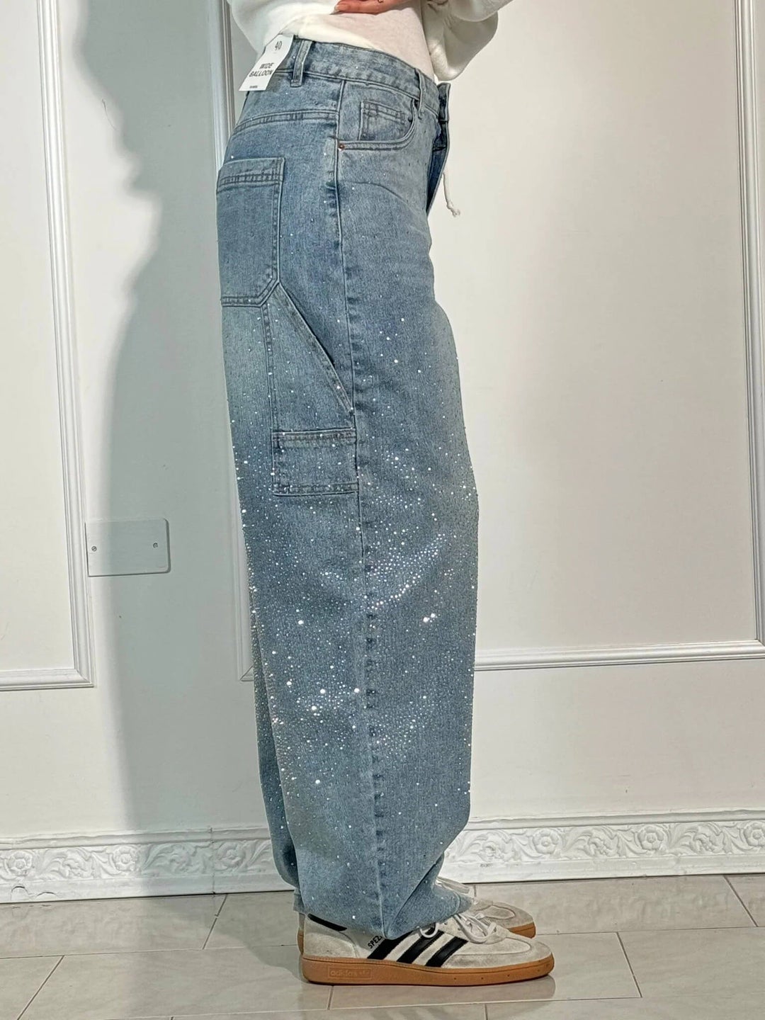 Jean denim évasé à strass