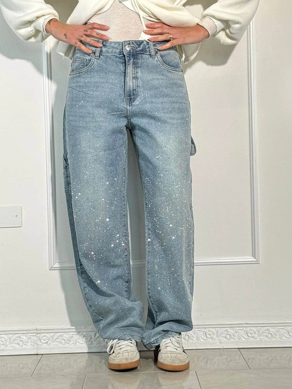 Jean denim évasé à strass