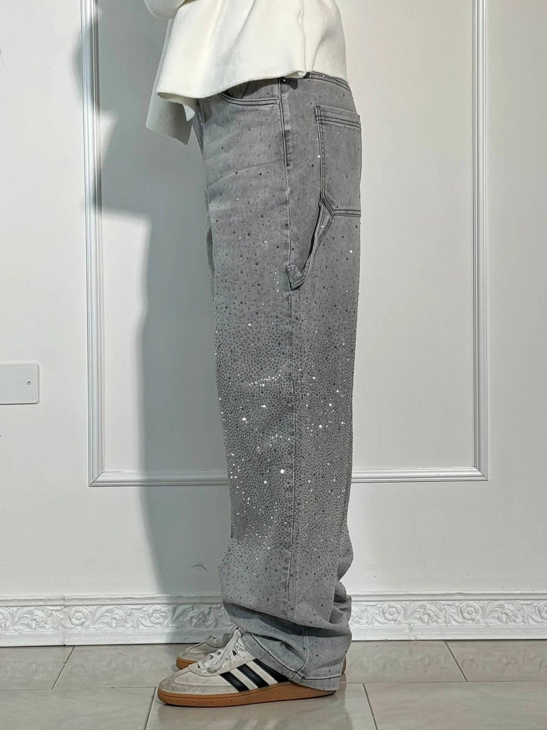Jean denim évasé à strass