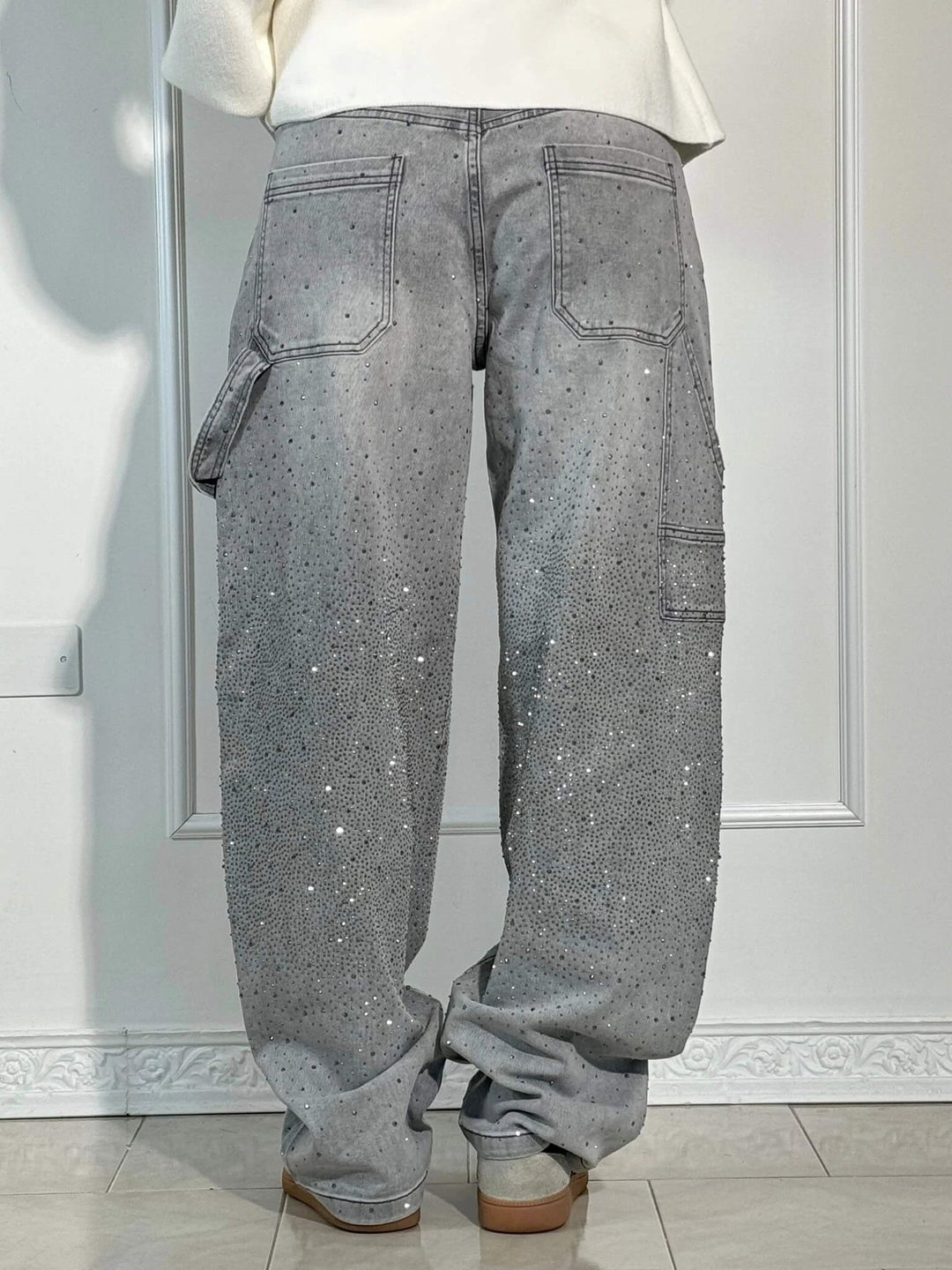 Jean denim évasé à strass