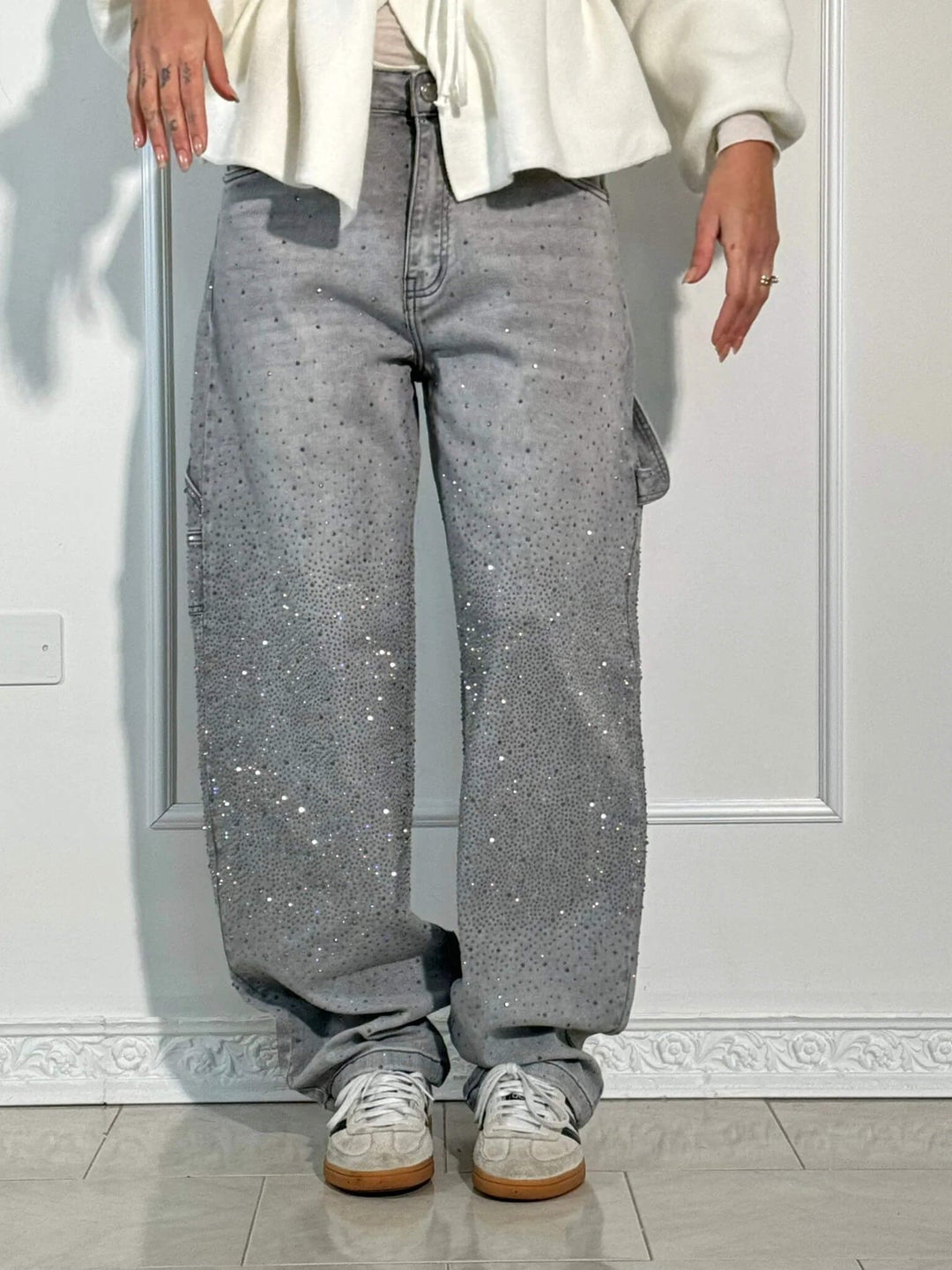 Jean denim évasé à strass
