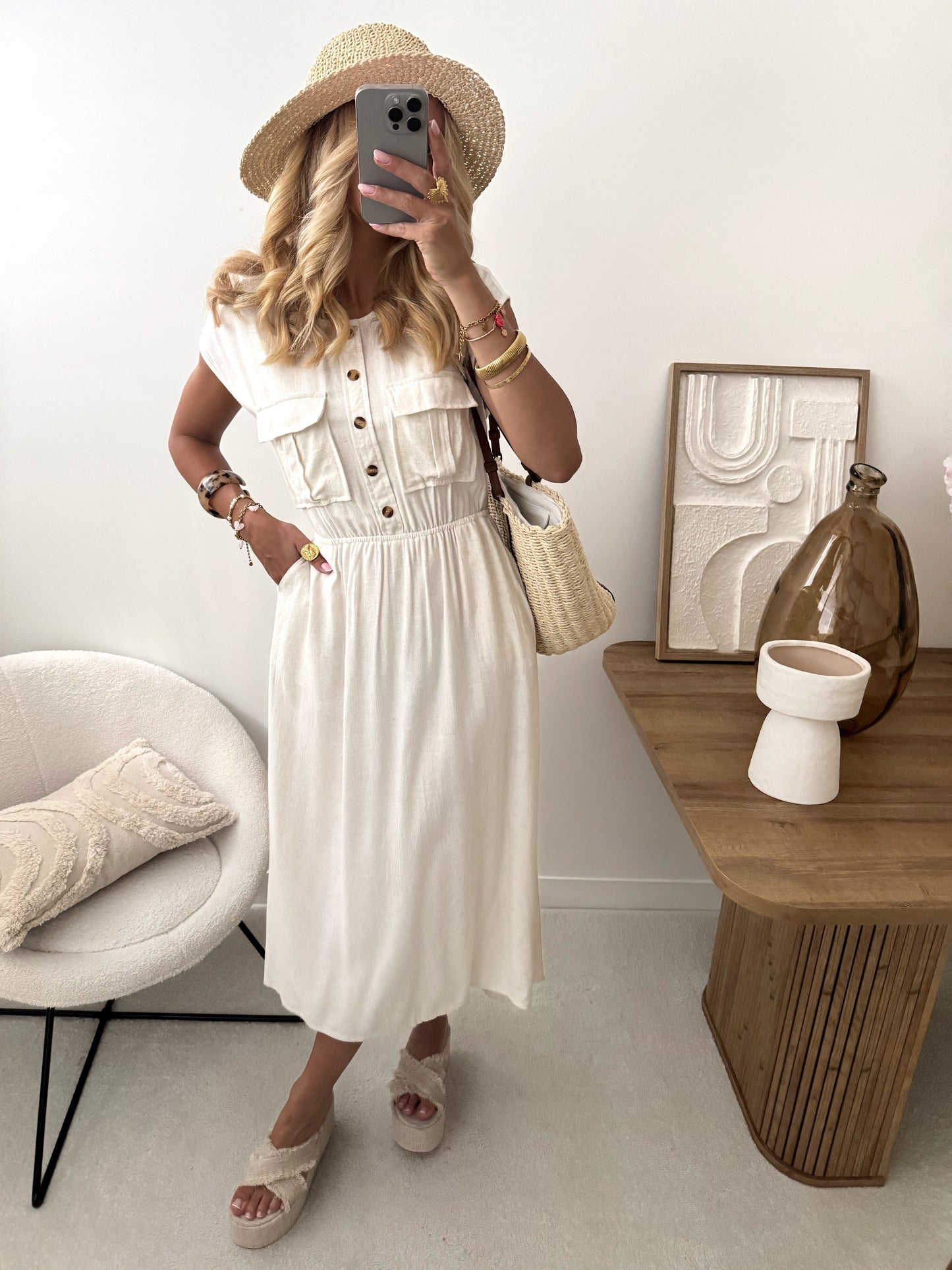 Abito midi in misto lino PALAMAS - beige
