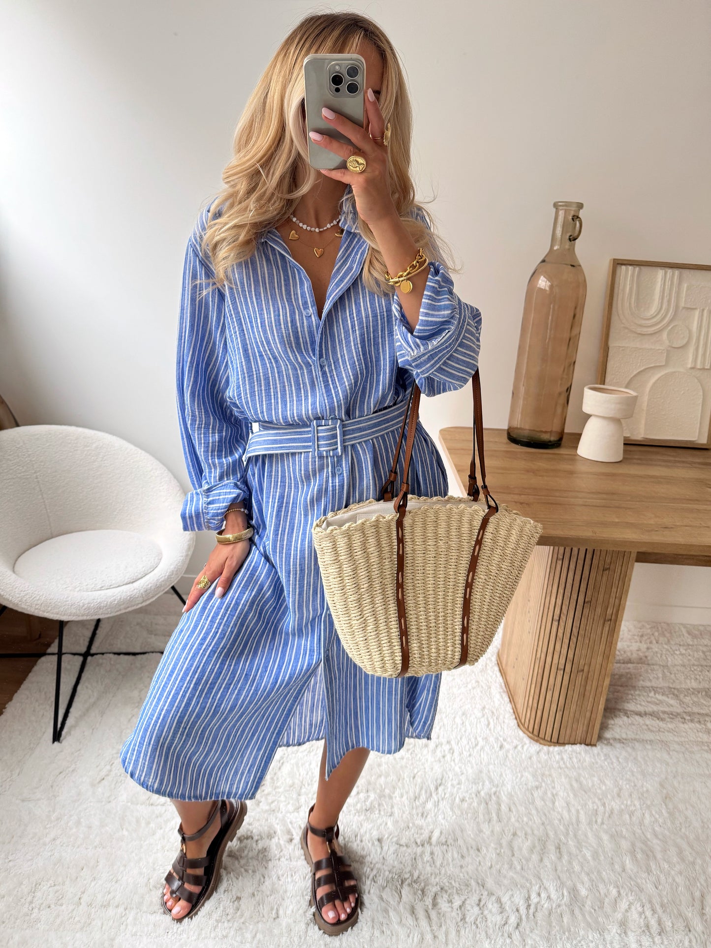 Abito lungo a righe in misto lino SIROLE - blu