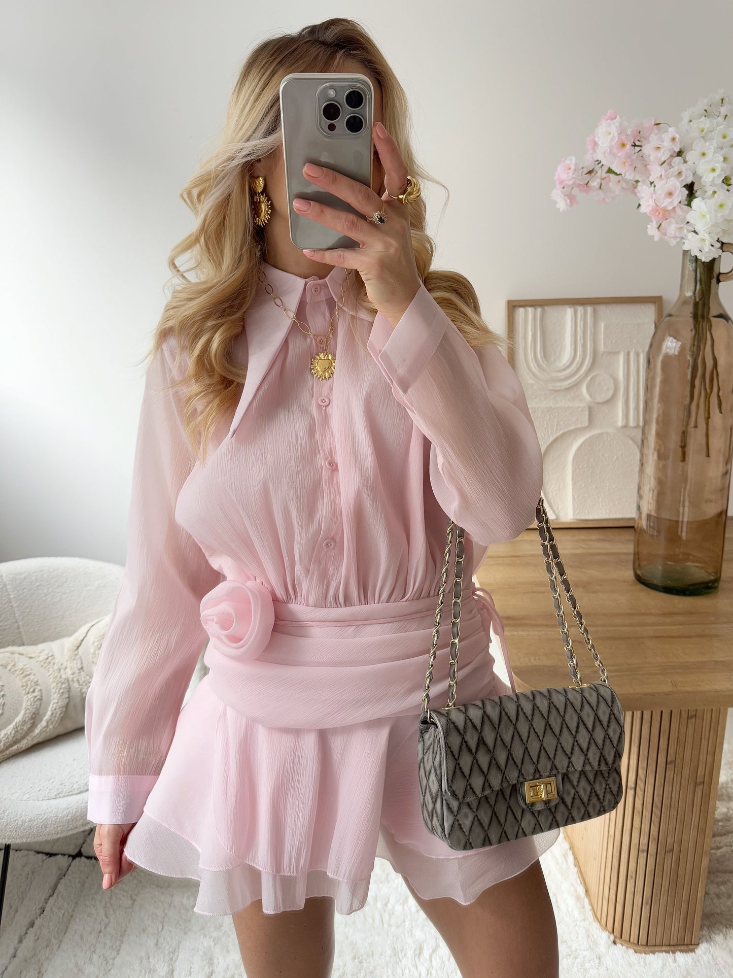 NADRIA powder pink ruffled short dress