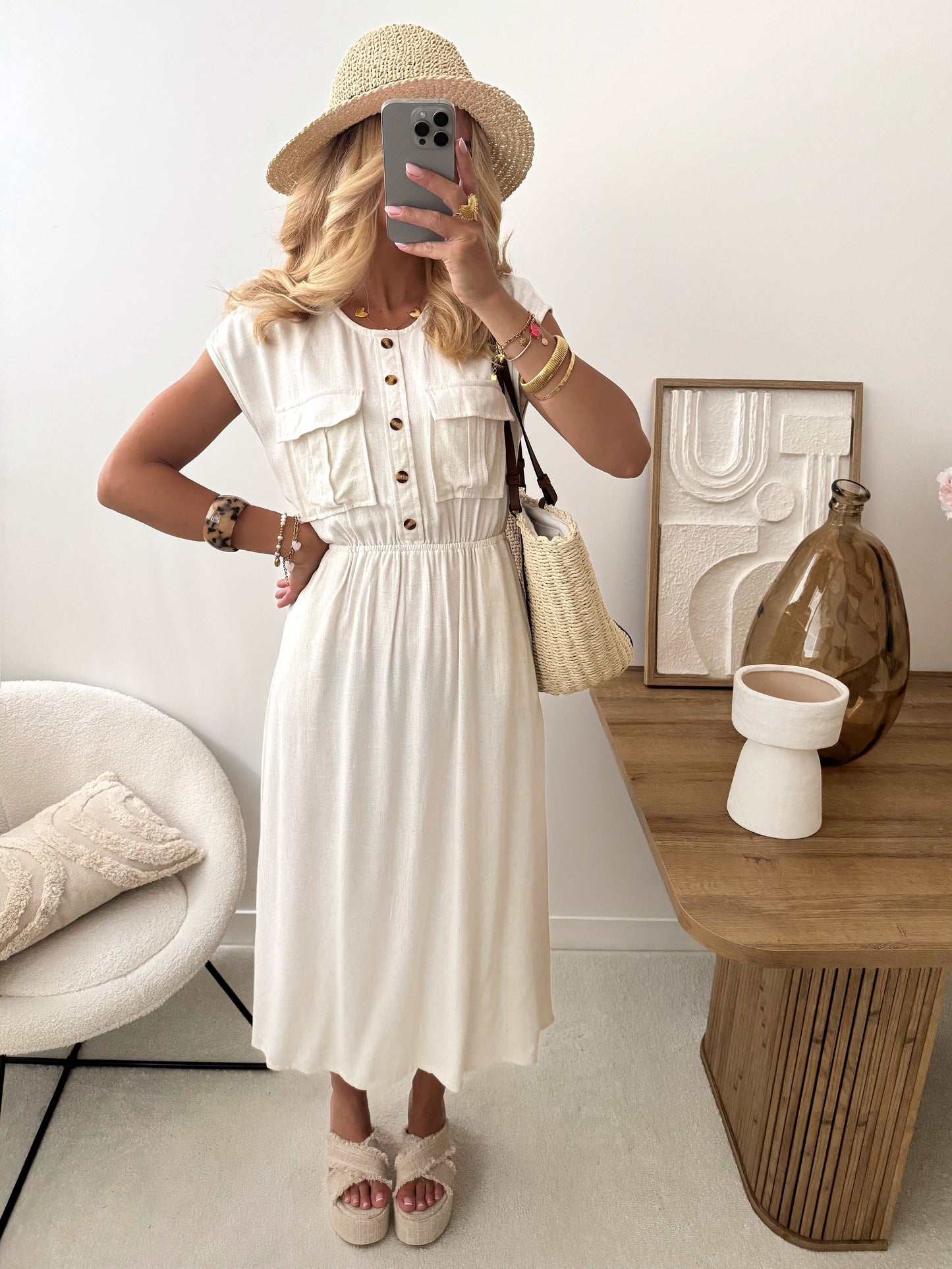 Abito midi in misto lino PALAMAS - beige