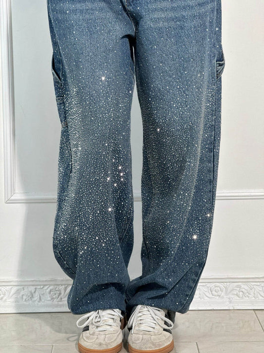 ﻿Jean denim évasé à strass