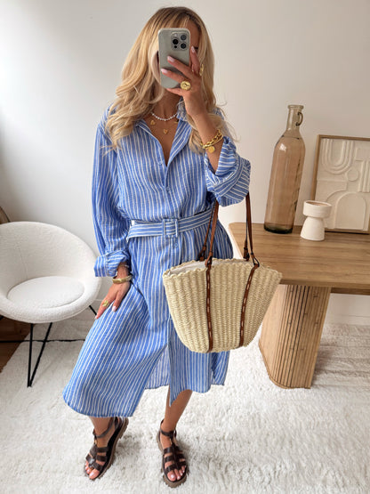 Abito lungo a righe in misto lino SIROLE - blu