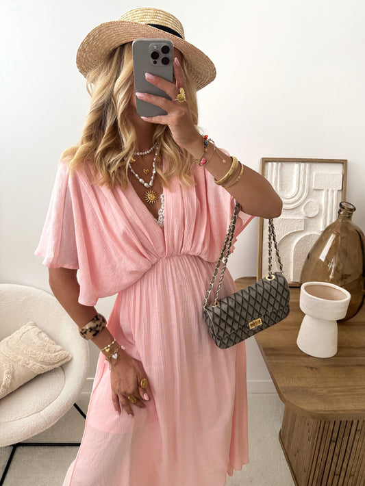 Abito midi con scollo a V profondo MIRA - Rosa pallido